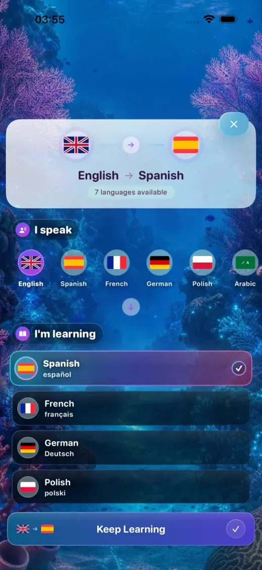 LumenLingo language pair selection screen with source and learning language choices
