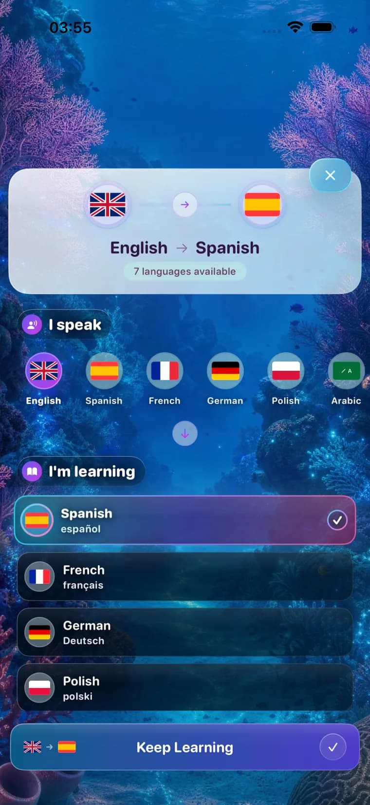 LumenLingo language pair selection screen with source and learning language choices