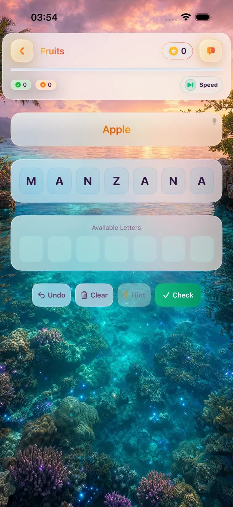 LumenLingo Word Builder practice screen with letter tiles