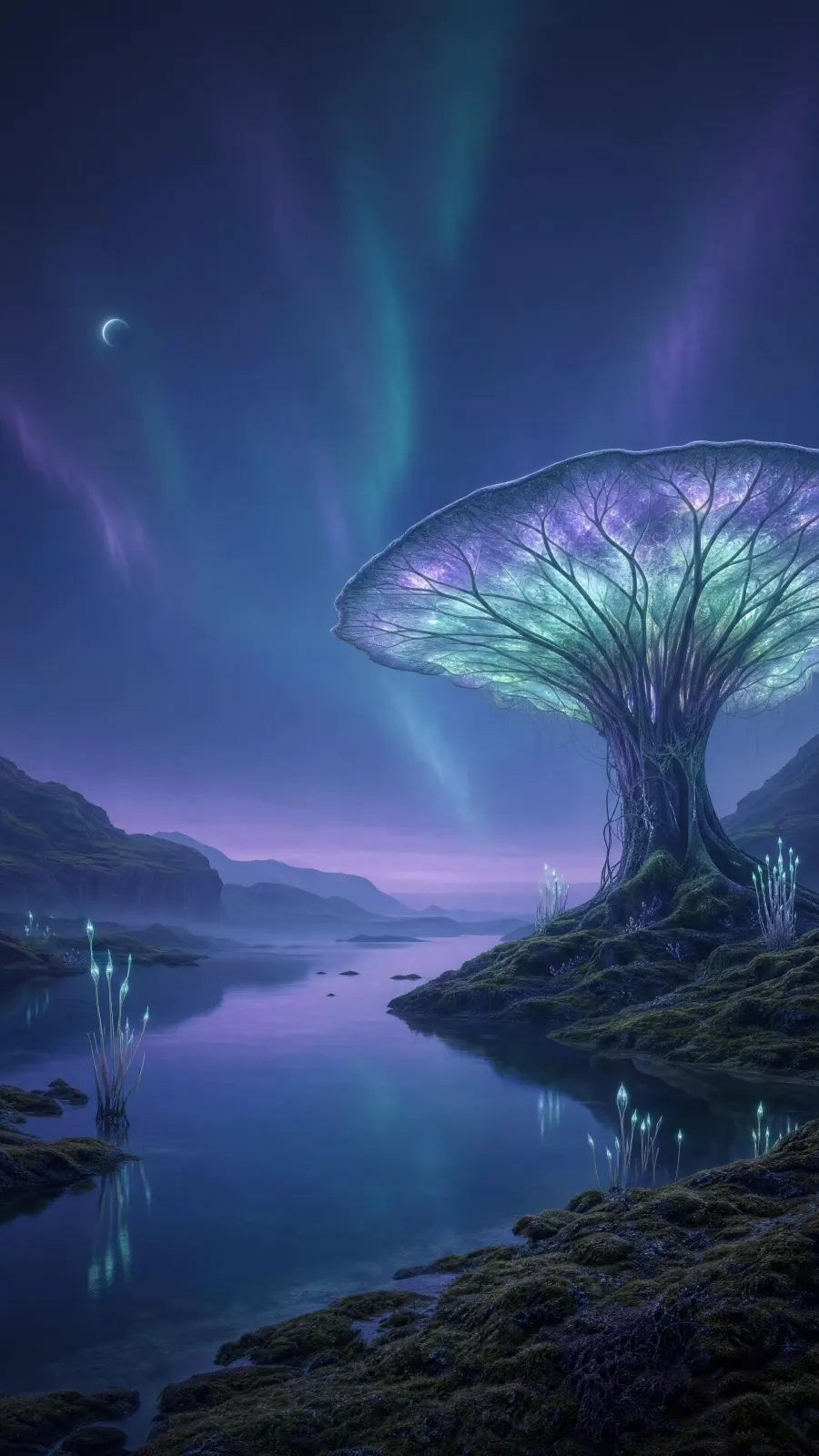 A bioluminescent tree beside a moonlit lake beneath an aurora
