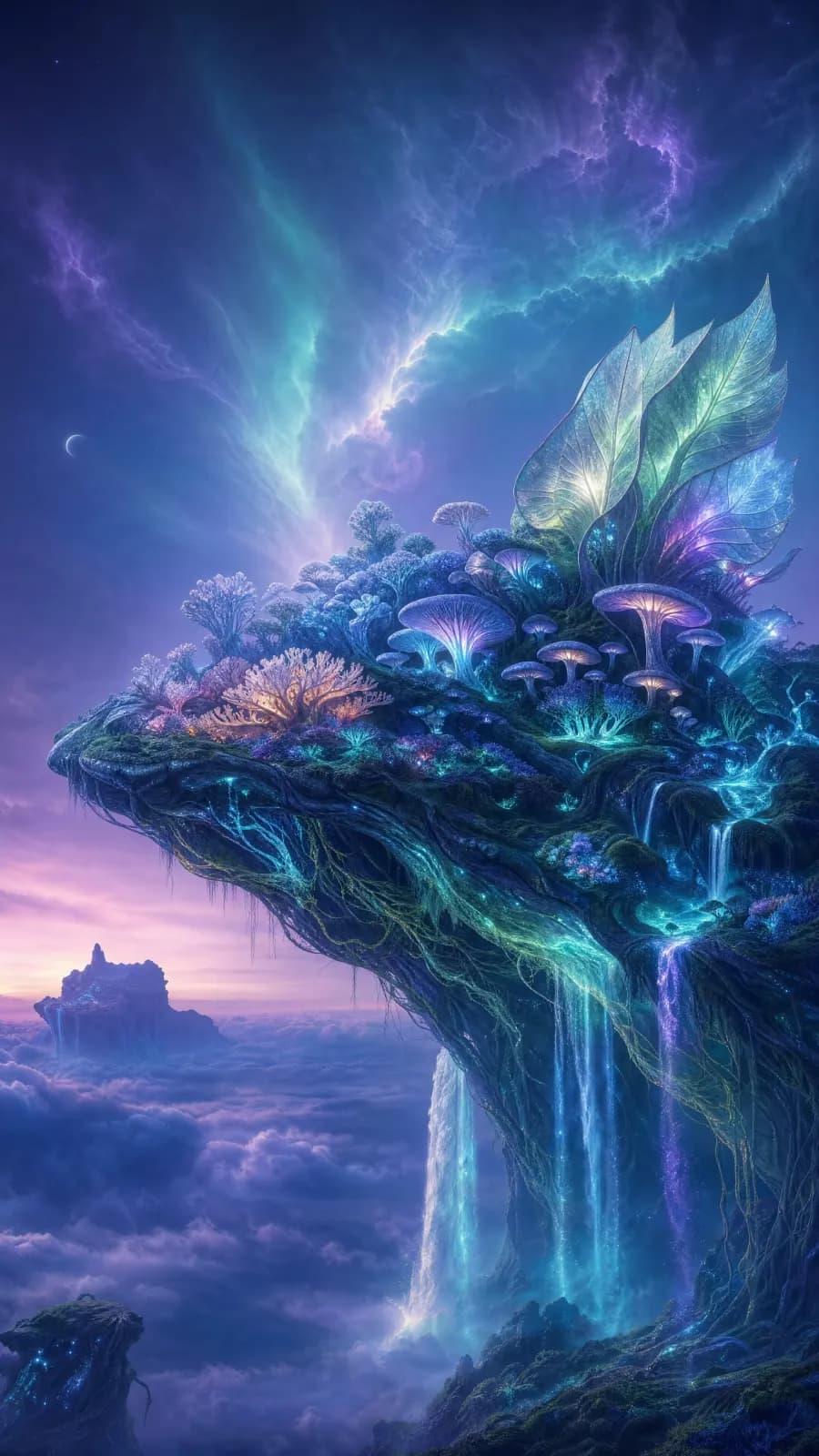 A luminous floating island with mushrooms, crystalline leaves, and waterfalls beneath a nebula