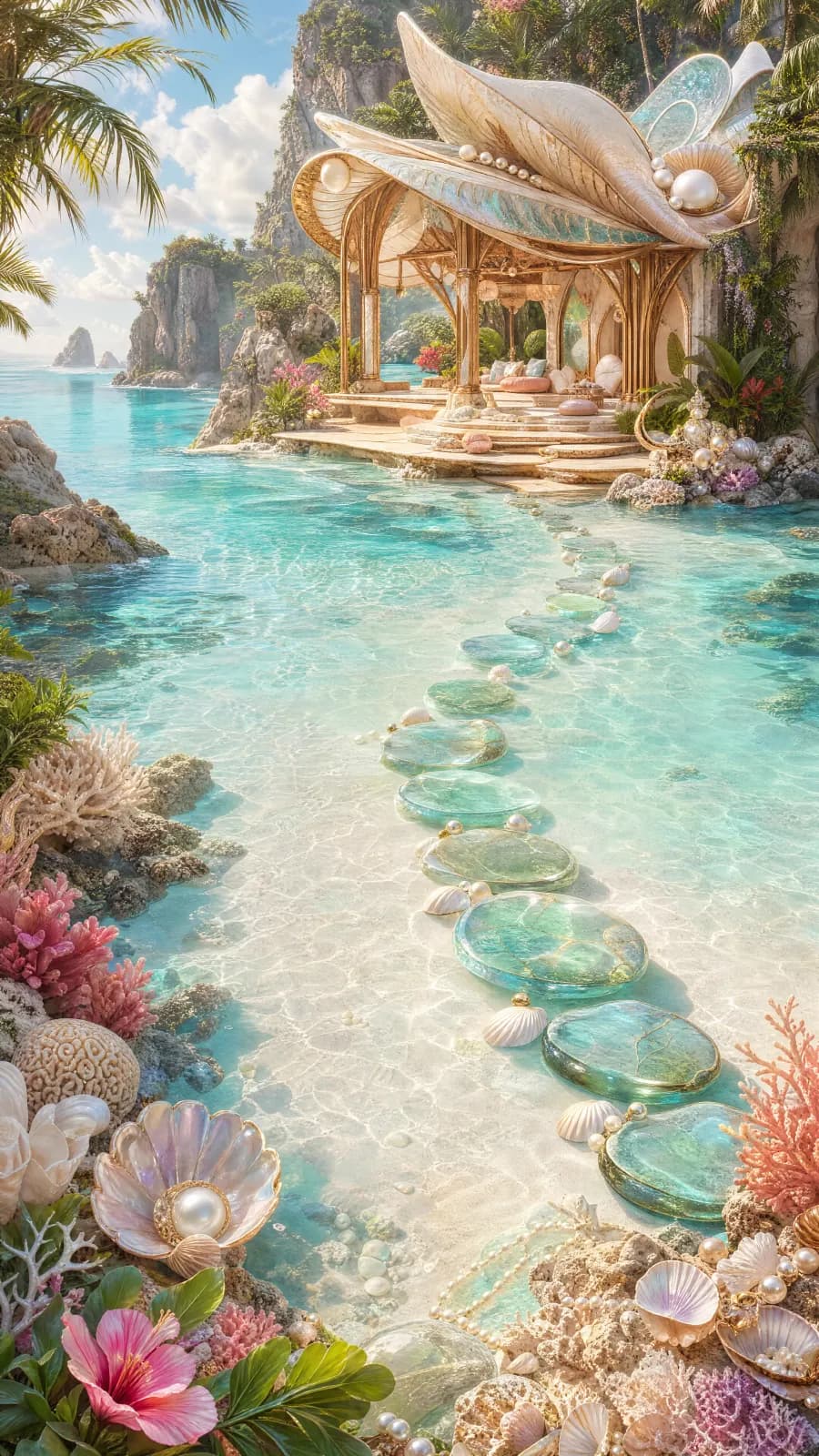 A pearly tropical sanctuary with turquoise shallows and shell-like architecture