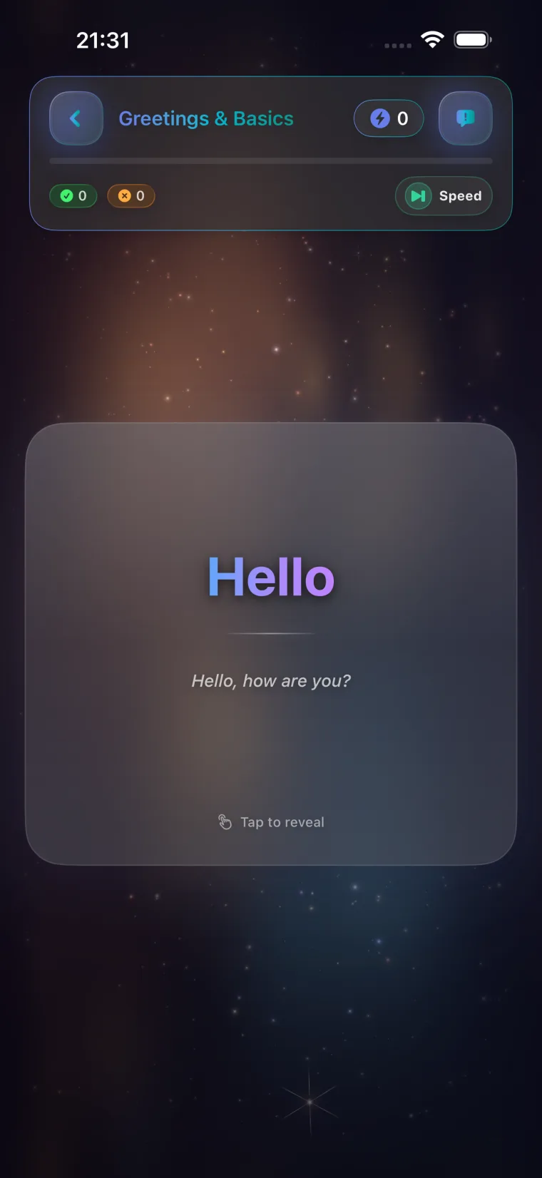 LumenLingo flashcard practice showing the word Hello inside the real iPhone app