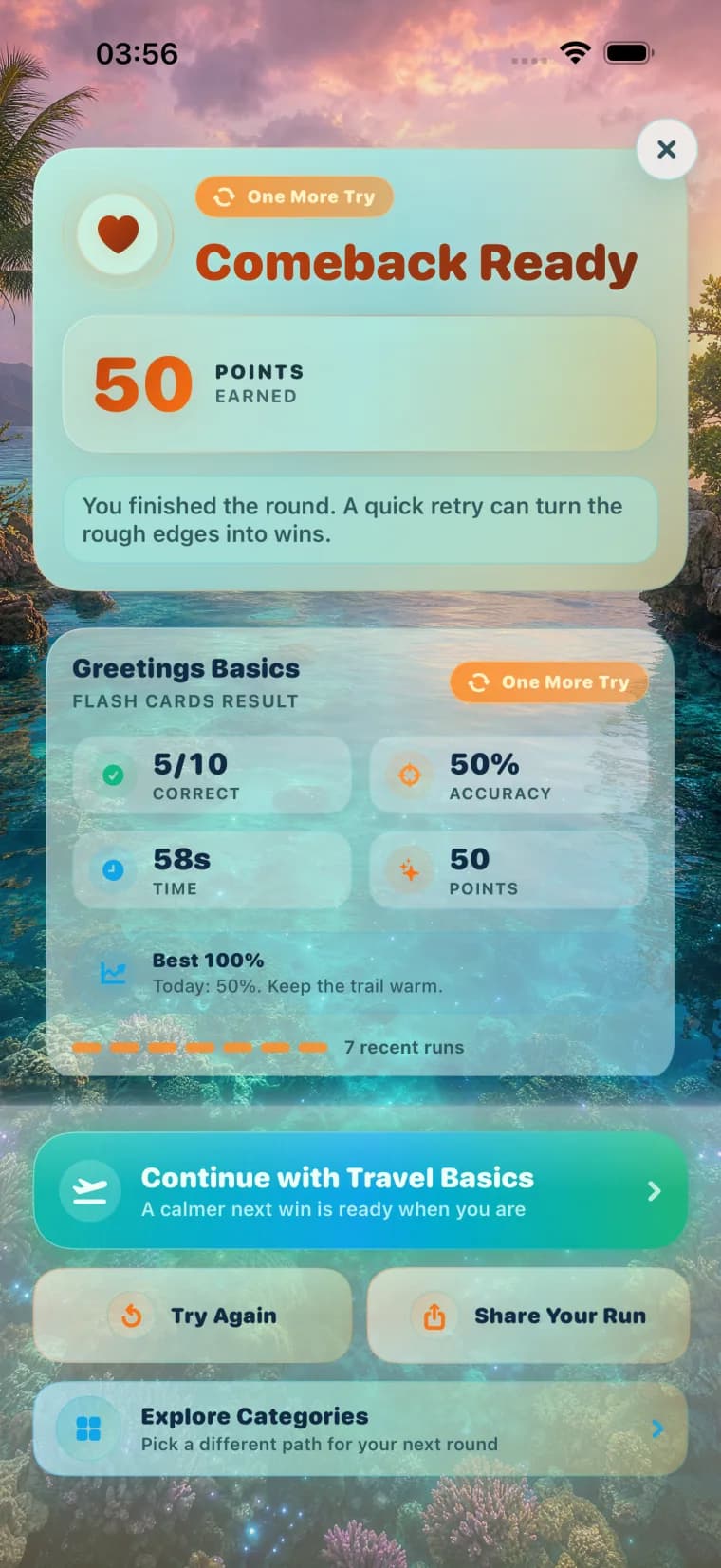 LumenLingo result screen with progress details and the Share Your Run action